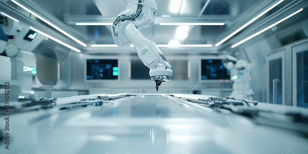 Poster robotic arm operates in sterile, futuristic laboratory environment, surrounded by advanced technolog