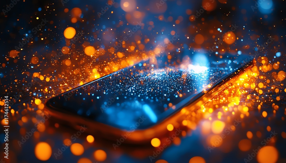 Poster vibrant explosion of blue and orange light effects surrounding a smartphone, digital art abstract pa