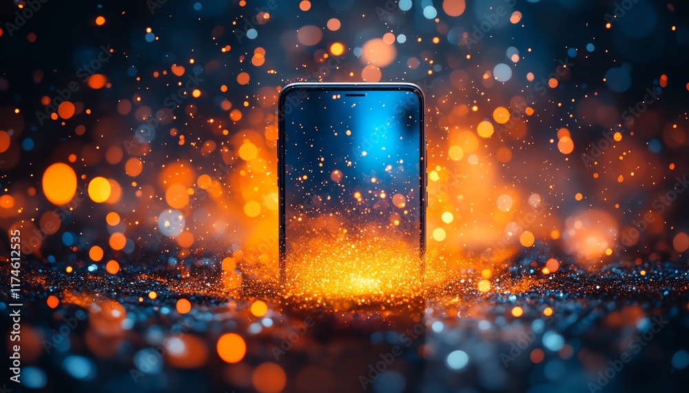 Poster vibrant explosion of blue and orange light effects surrounding a smartphone, digital art abstract pa