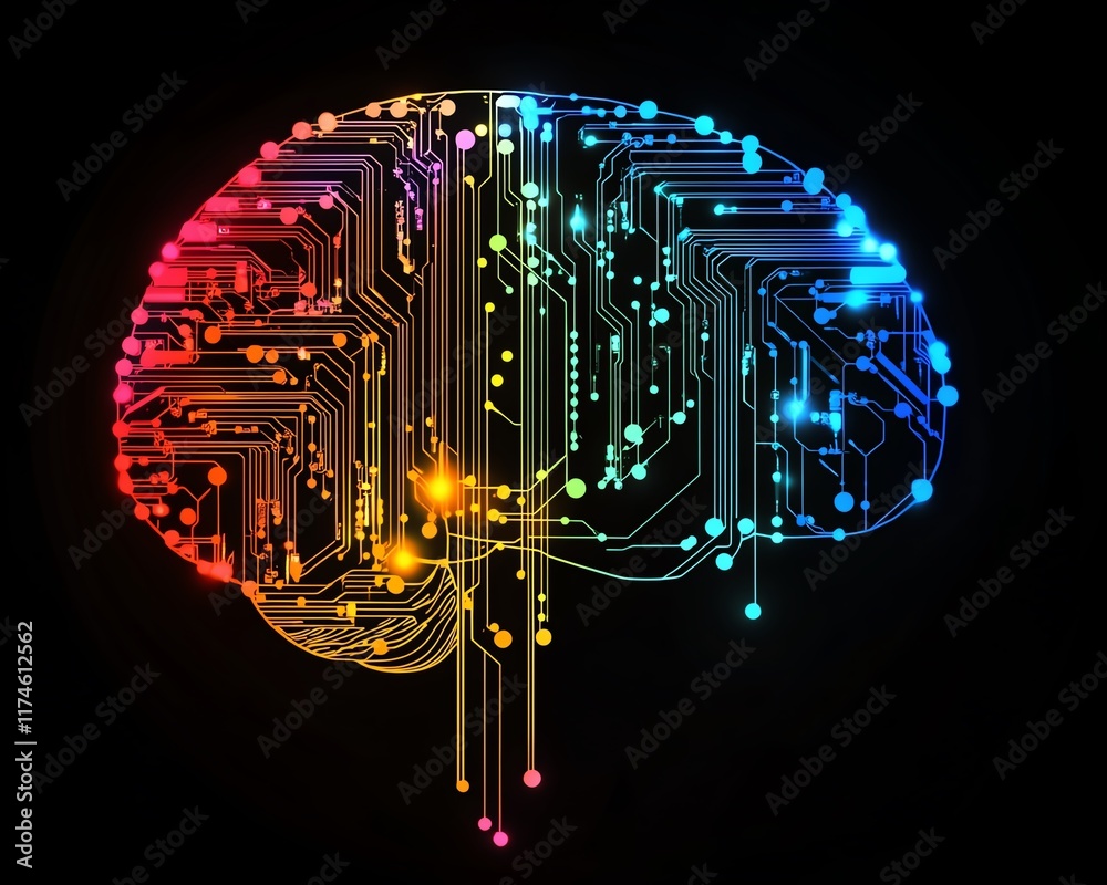 Poster A brain connected with vibrant circuitry patterns, digital and abstract design on a dark background, symbolizing the fusion of human intellect and advanced technology