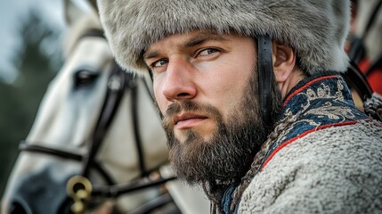 Obraz premium Proud Belarusian Horseback Rider showcasing Grand Duchy of Lithuania's Cavalry Traditions