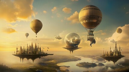 Obraz premium Floating Castles and Airships: A Whimsical Fantasy Landscape