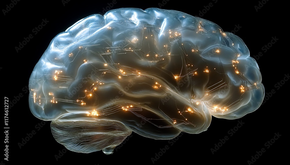 Aufkleber A brain intertwined with bright digital circuitry patterns