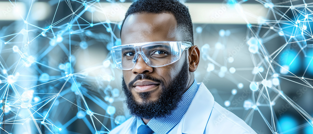 Poster scientist in laboratory wearing safety goggles, surrounded by futuristic digital network visuals, sy