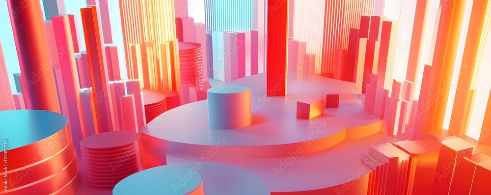 Poster an abstract representation of a colorful cityscape with geometric shapes and vibrant hues, creating 