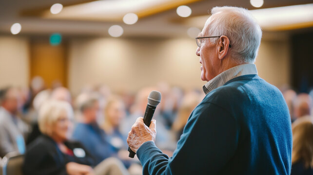 elderly man holding microphone shares stories with attentive audience in warmly lit conference room, fostering connection and engagement