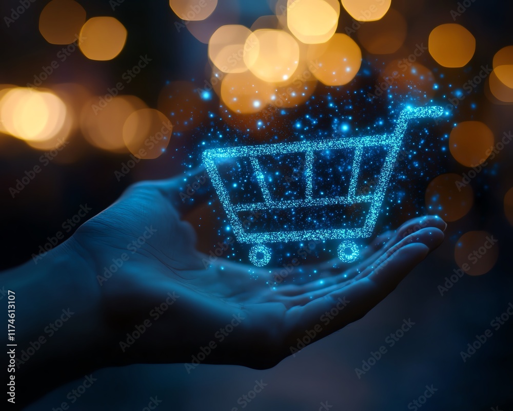 Poster a glowing blue digital shopping cart icon in a hand, dark background with bokeh lights, representing