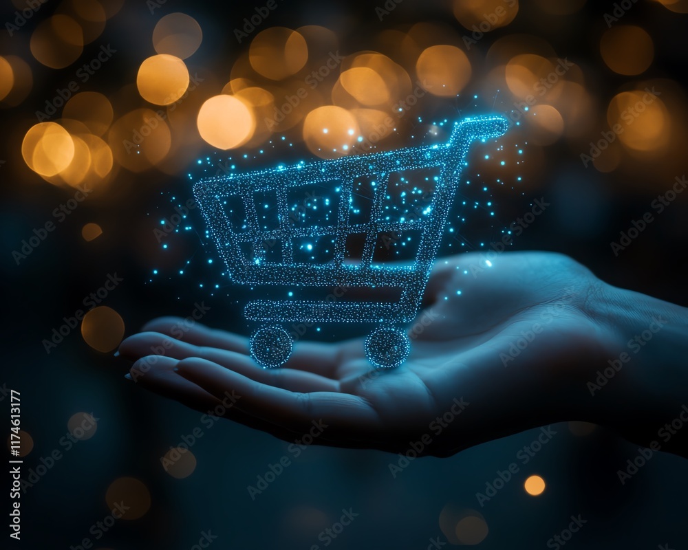 Poster a glowing blue digital shopping cart icon in a hand, dark background with bokeh lights, representing