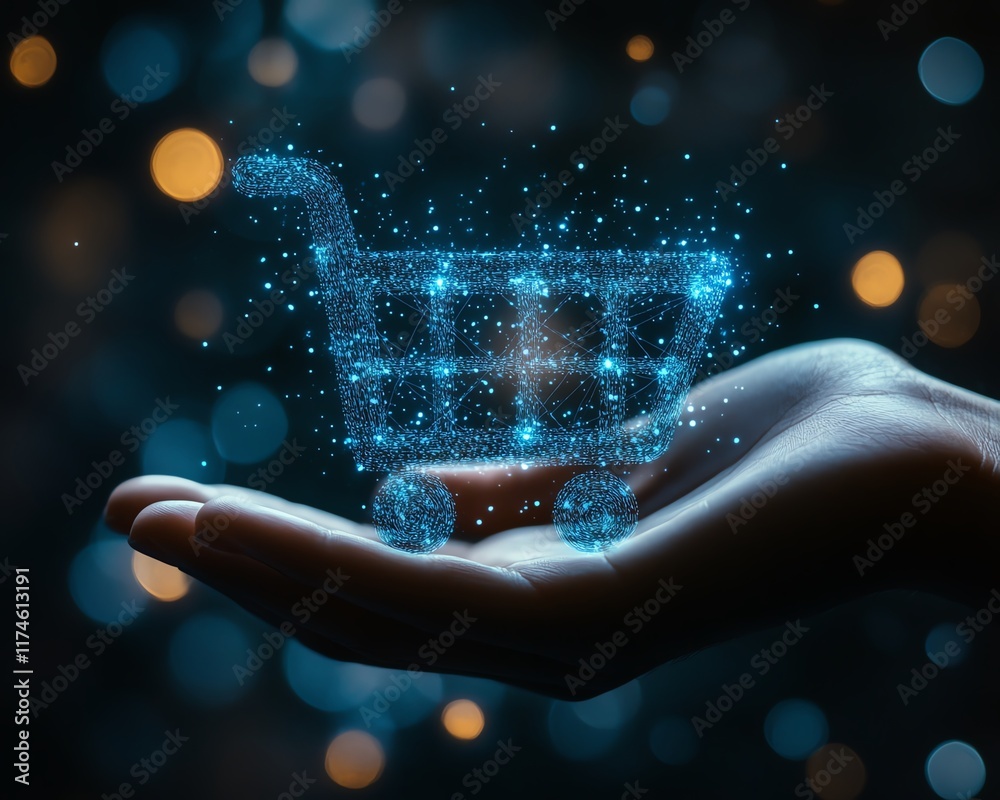 Poster a glowing blue digital shopping cart icon in a hand, dark background with bokeh lights, representing