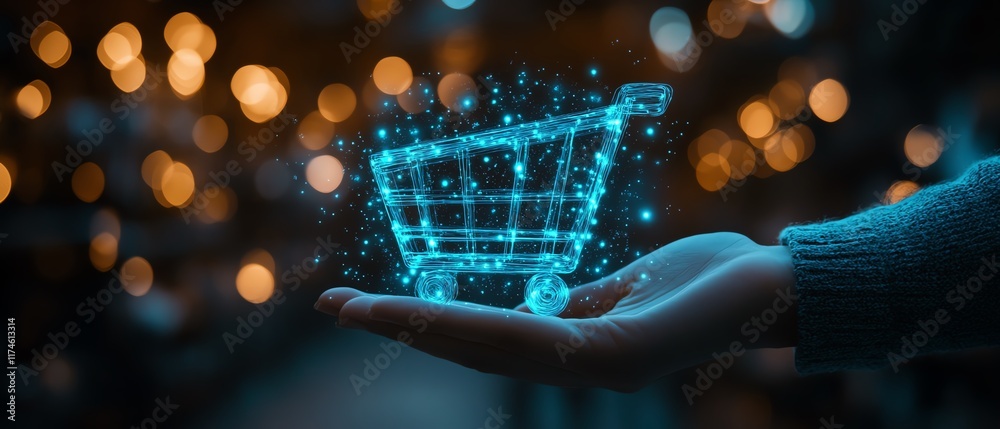 Poster a glowing blue digital shopping cart icon held by a hand, set against a dark background with bokeh l