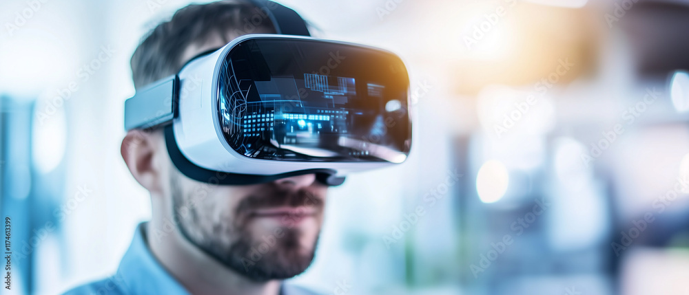 Poster close up of man wearing vr headset, immersed in virtual environment with futuristic digital elements