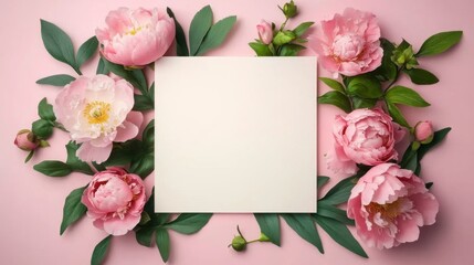 Peonies and green leaves against a blank paper on a pink background, top view of wedding invitation or card template banner design. Mockup for text or product display design