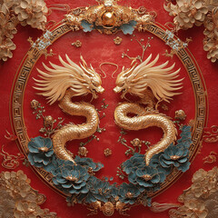 Obraz premium Golden Dragons Chinese New Year Art - 3D renderings
