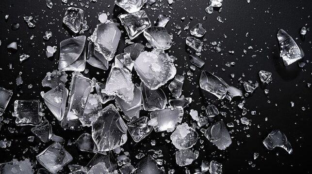 Ice, crushed on a black background. Pieces of crushed ice spread away. Crushing of the ice.
