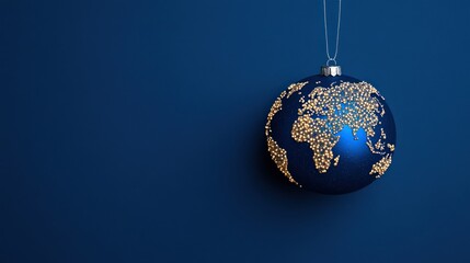 Blue Christmas Globe Ornament on World Map Background