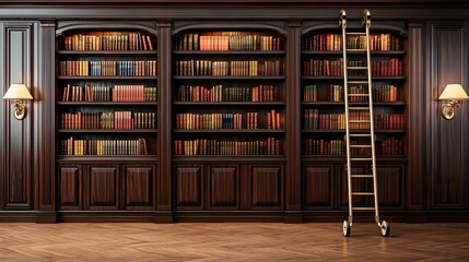 Elegant wooden library with tall shelves and rolling ladder