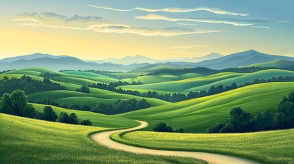 Obraz premium A Serene Landscape of Rolling Green Hills and Gentle Curves at Sunrise