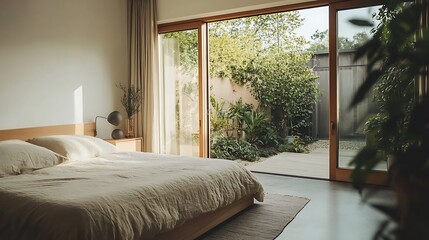 Bedroom with sliding glass doors opening to a tranquil garden