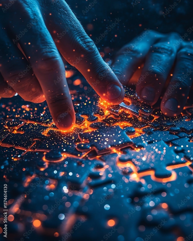 Poster a person working with bright puzzle pieces, dark blue background, representing the synergy of teamwo
