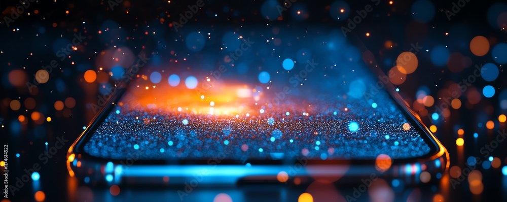 Poster a smartphone with colorful light effects, blue and orange bursts of light, abstract digital art patt