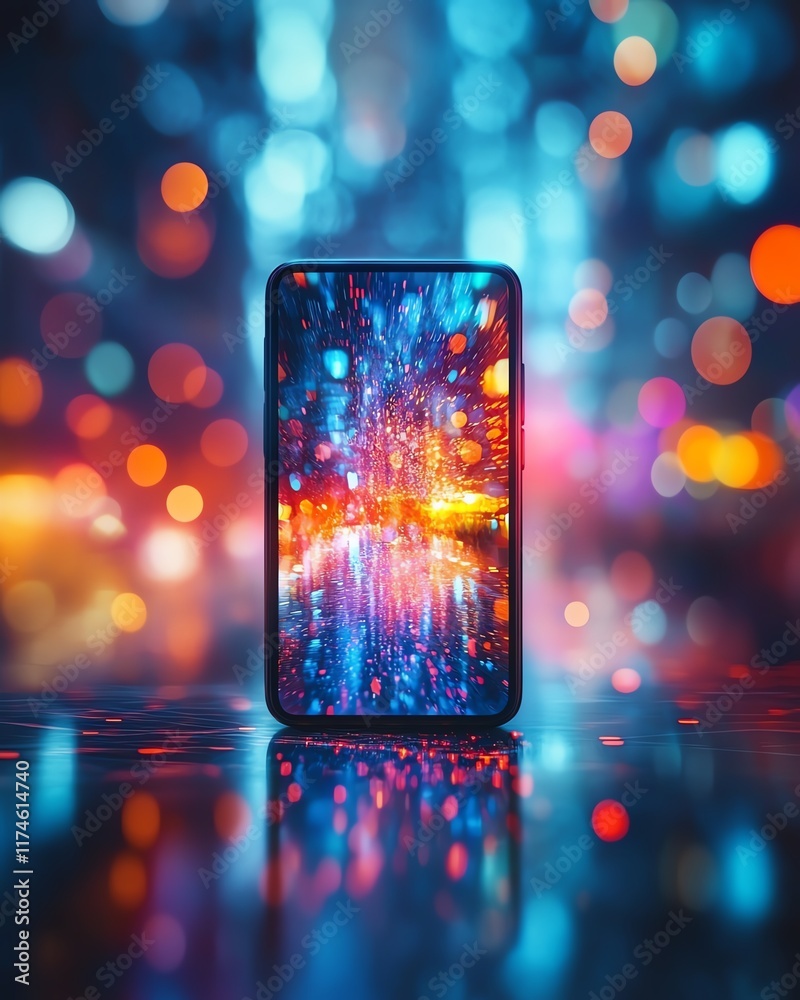 Poster a smartphone with glowing light trails and colorful bokeh effects