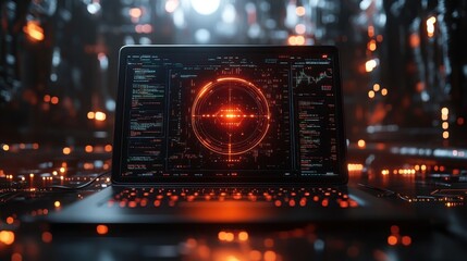 Laptop screen displays futuristic interface code.