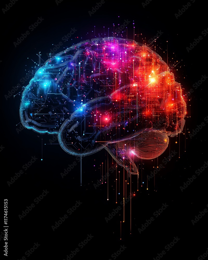 Poster Abstract brain illuminated by vibrant, colorful circuitry patterns, dark background, representing the fusion of technology, intellect, and digital networks