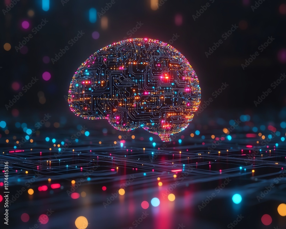 Fototapete Abstract brain with colorful digital circuitry patterns, dark backdrop, representing the connection between human cognition, technology, and digital networks