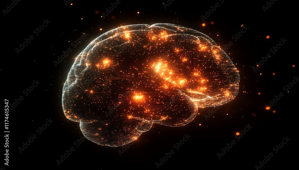 Poster Abstract brain with glowing circuitry patterns, dark background, symbolizing the integration of human intellect with modern digital networks and technological advancements