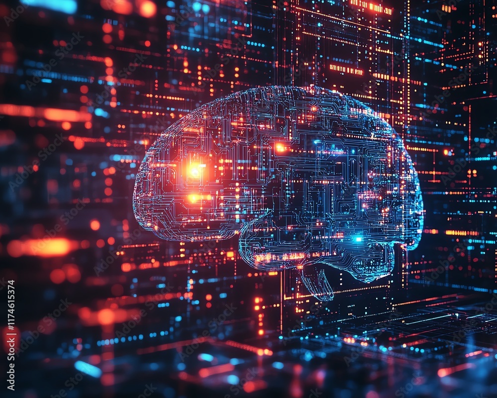 Aufkleber Abstract brain with colorful digital circuitry patterns, dark backdrop, representing the connection between human cognition, technology, and digital networks