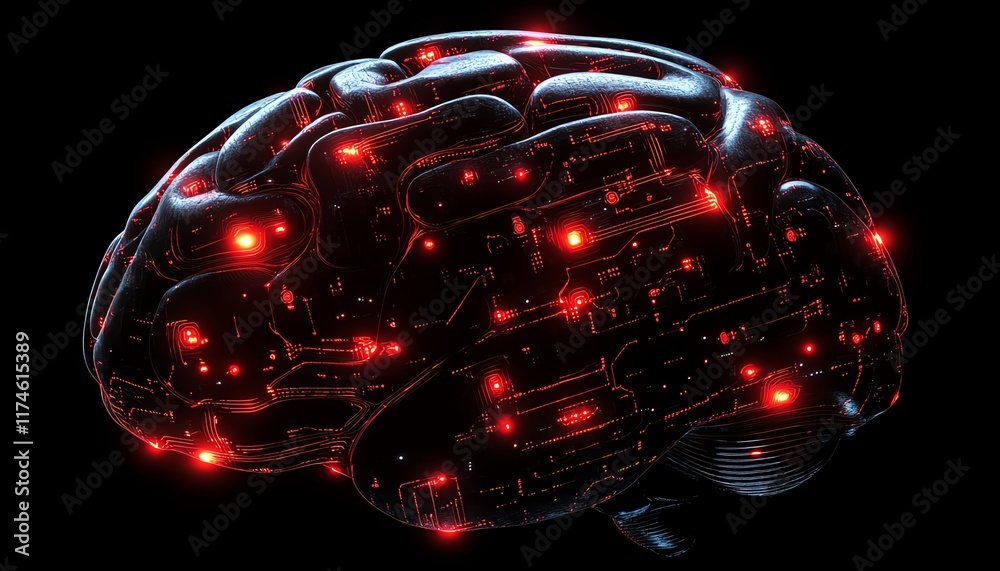 Aufkleber Abstract brain with glowing circuitry patterns, dark background, symbolizing the integration of human intellect with modern digital networks and technological advancements