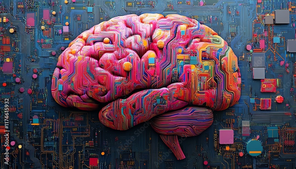 Aufkleber brain intertwined with intricate, colorful circuitry designs on a dark background, symbolizing the s