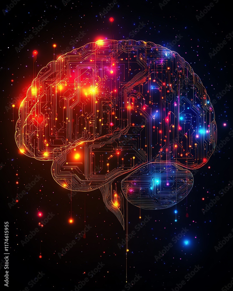 Poster brain shape composed of colorful digital circuitry and abstract patterns, dark background, represent