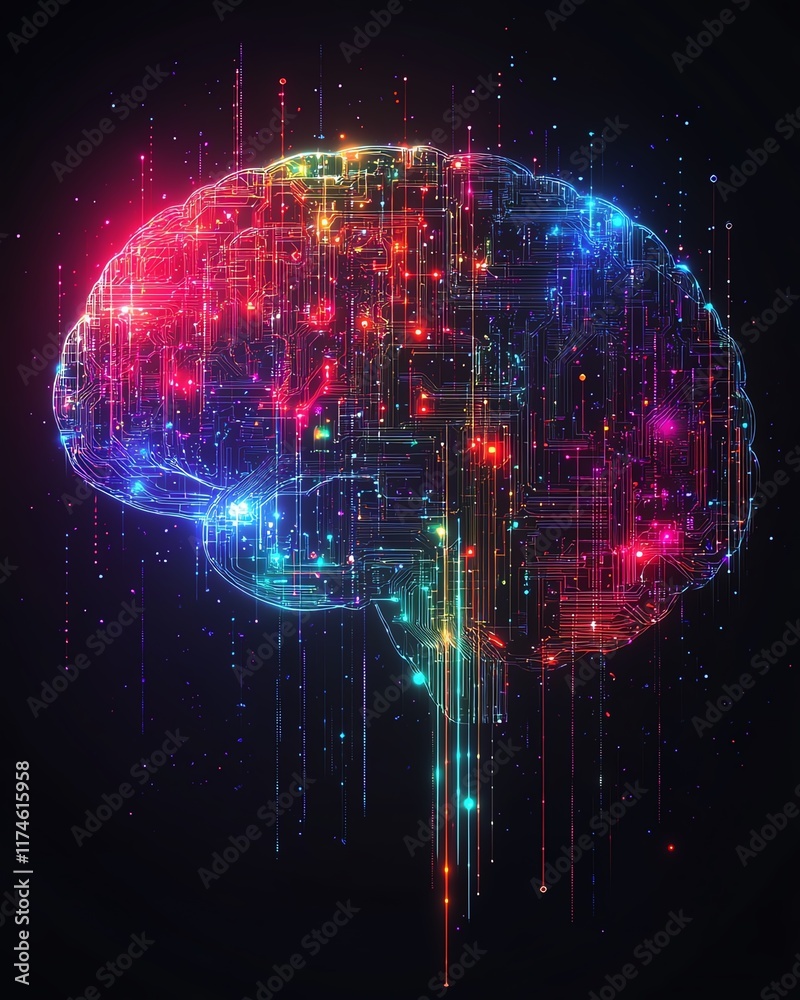 Aufkleber brain shape composed of colorful digital circuitry and abstract patterns, dark background, represent