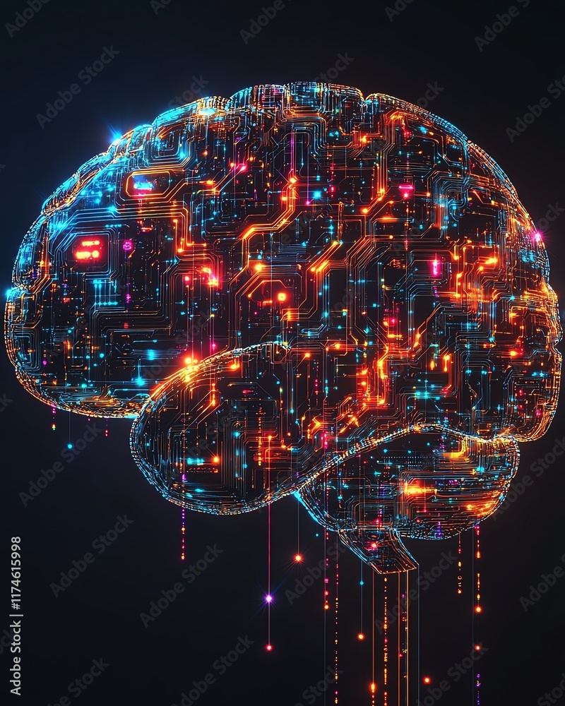 Aufkleber Brain shape composed of colorful digital circuitry and abstract patterns, dark background, representing the fusion of human intellect with technology and digital networks