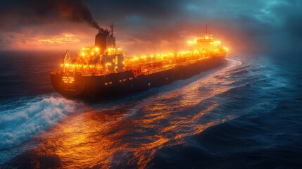 Naklejka premium Majestic tanker ship sailing at sunset.
