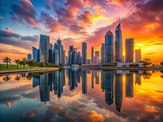 Fototapeta premium Doha Sunrise: High-Rise Reflections at Sheraton Park, Qatar