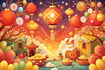 Chinese new year tree with gifts Year of the Snake design with golden snake, cloud, flower, firework, pattern. Elegant oriental illustration for cover, banner, website, calendar.