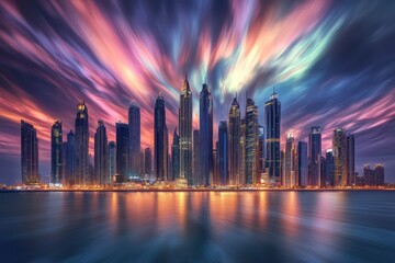 Obraz premium A downtown skyline of futuristic metallic buildings glowing under a dynamic, colorful sky