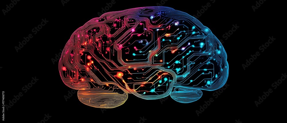 Leinwandbilder colorful brain with digital circuitry patterns flowing through it, dark background, showcasing the c