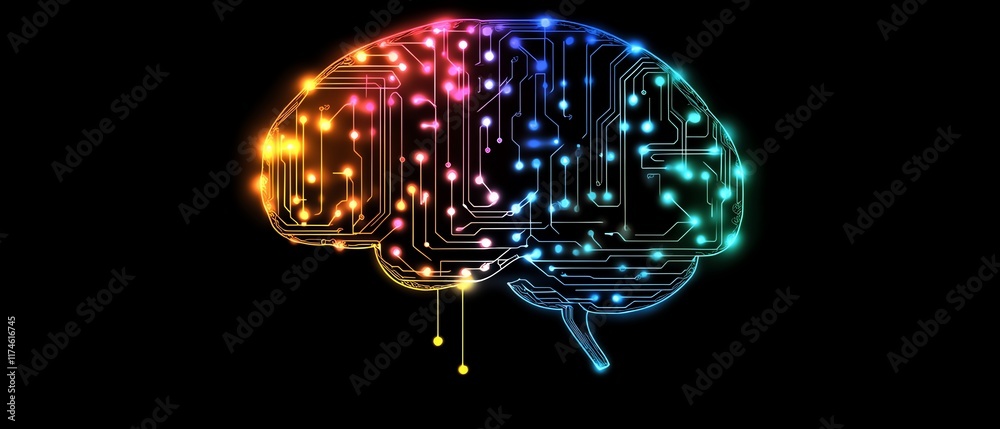 Leinwandbilder colorful brain with digital circuitry patterns flowing through it, dark background, showcasing the c