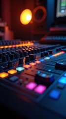 Fototapeta premium Close-Up View of an Audio Mixing Console in a Dimly Lit Studio