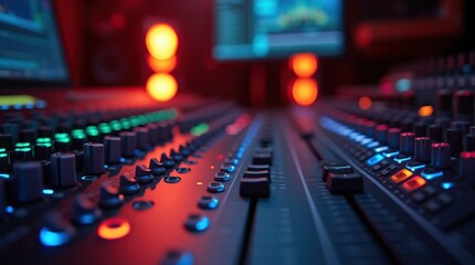 Vibrant Close-Up of a Professional Audio Mixing Console in Studio Lighting