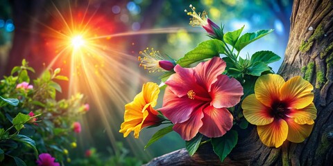 Fototapeta premium Double Exposure: Blooming Hibiscus & Lush Greenery - Magical Sunlight