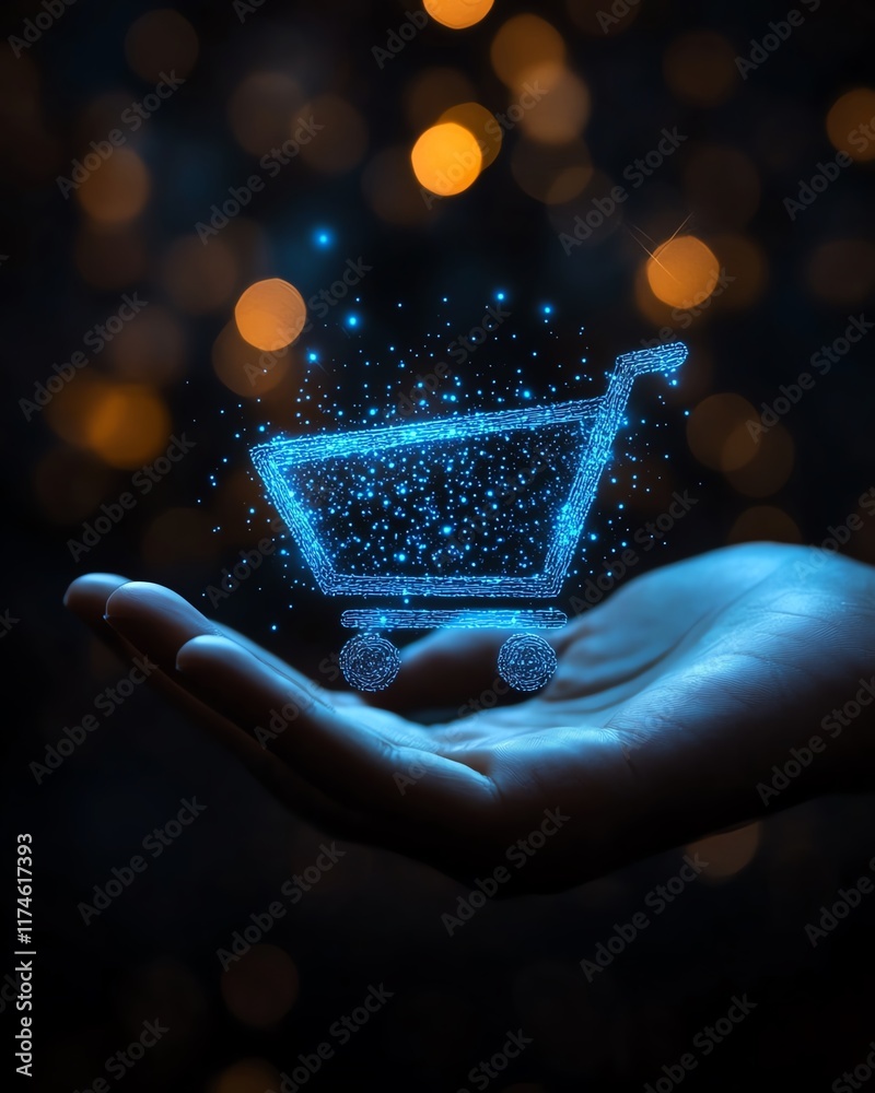 Poster Futuristic digital shopping cart icon in a hand, glowing blue against a dark background with bokeh lights, symbolizing the intersection of technology and retail in ecommerce