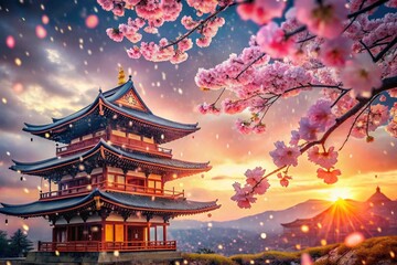 Fototapeta premium Double Exposure: Cherry Blossoms & Japanese Temple - Spring Festival