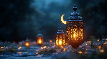Fototapeta premium Illuminated Ramadan Lanterns Underneath Crescent Moon