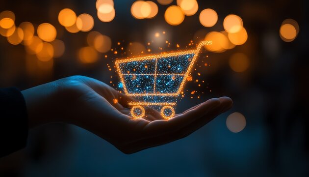Futuristic hand holding a glowing blue digital shopping cart icon, dark background with bokeh lights, representing the seamless connection between technology and modern retail