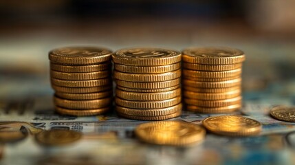 Stacks of Golden Coins on Banknotes: Wealth, Finance, and Prosperity