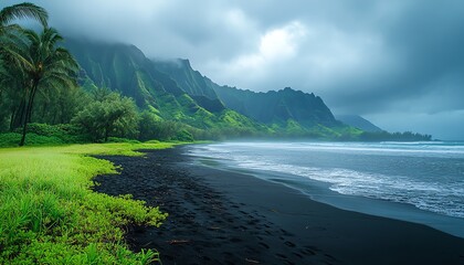 Misty atmosphere over a black sandy beach with lush green grass, dark mountains looming in the background, and moody clouds, creating a dramatic and serene landscape